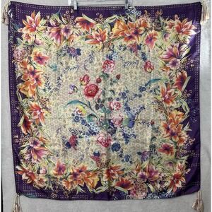Johnny Was Purple Floral Silk Square Scarf Tasseled Colorful Artsy Boho Delicate